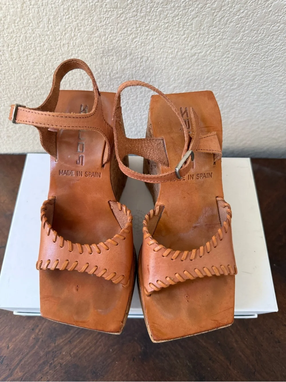 VTG 90s  Sonax Spain Cork Platform Wedge Sandals EU 36 US 5.5-6 Cognac Leather - Picture 4 of 14
